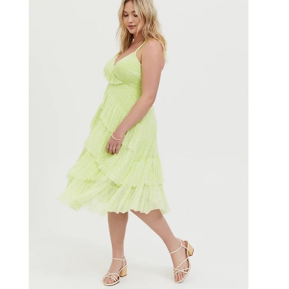 Torrid size 2 NEON YELLOW MESH FLORAL RUFFLE MIDI DRESS - Picture 2 of 11